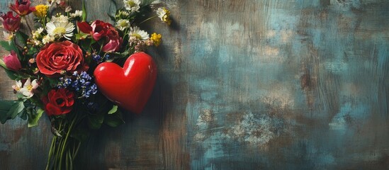 Wall Mural - Romantic bouquet of vibrant flowers with red hearts on textured wooden table creating a charming and heartfelt atmosphere