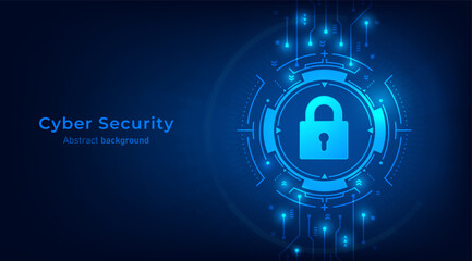 Leinwandbilder - Concept of cybersecurity and network protection. Padlock on frames HUD futuristic style on a dark blue background. Secure technology. Vector illustration.