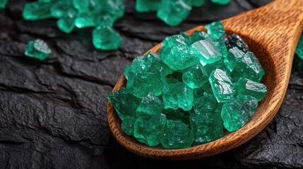 Poster - Green salt crystals in a wooden spoon on dark textured background emphasizing natural beauty and culinary uses of specialty salts.