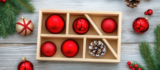 Canvas Print - Wooden decorative box filled with red ornaments and surrounded by pine cones and festive greenery on a wooden background