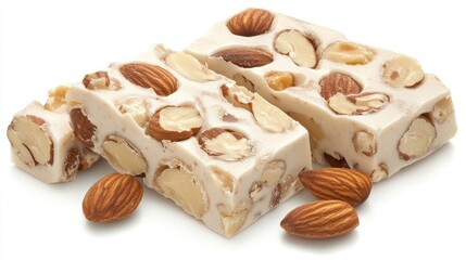 Canvas Print - Soft nougat with whole almonds arranged on a clean white backdrop, highlighting texture and richness, ideal for culinary uses, desserts, sweets, confections.