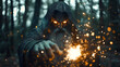 © john - A powerful wizard with glowing eyes and a long beard conjures magical sparks in the depths of a dark forest, surrounded by an aura of mystery.