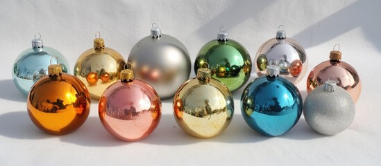 Canvas Print - Colorful holiday baubles arranged on a light background ideal for festive decorations and seasonal celebrations.