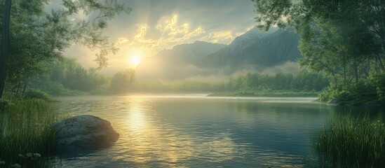 Wall Mural - serene river landscape at sunrise with misty mountains and lush greenery reflecting on calm waters i