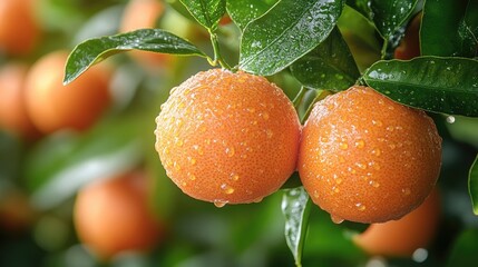 Wall Mural - Fresh orange fruits on branches with vibrant green leaves, glistening with water droplets after rain, emphasizing natural texture and color, agriculture, healthy food, close-up photography.