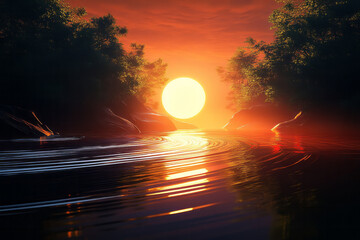 Poster - a sunset with a boat in the water