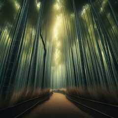 Poster - Bamboo Forest A dense forest of tall green bamboo stalks swaying