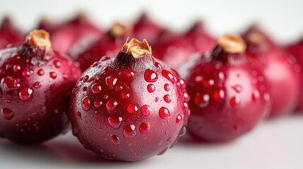 Poster - fresh red onions covered in water droplets arranged on a white surface for a vibrant and appetizing food photography background