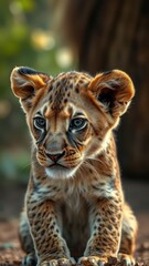 Wall Mural - Young leopard cub observing its surroundings in a natural habitat during golden hour