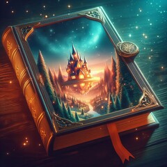 Poster - book and mirror combination a book reflecting a magical world in