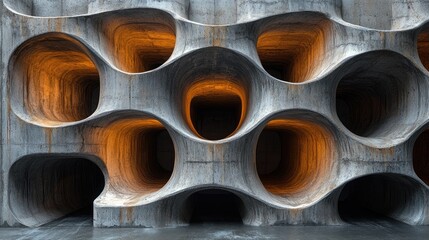 Poster - Intricate design of corrugated ducts in precast concrete columns, featuring hollow forms with warm orange lighting, modern architecture, construction details, industrial aesthetics.