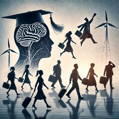 Poster - Brain Drain Silhouettes of educated people leaving a country rep