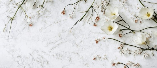 Poster - Elegant floral arrangement featuring fresh tulips and delicate white flowers on a textured white background for serene decor inspiration.