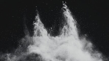 Poster - High-speed capture of white powder explosion against a black backdrop, creating dynamic dust burst with particles in motion, abstract art, fluid dynamics, high contrast imagery.