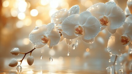 Poster - Elegant white orchid flowers with dew droplets against a soft blurred background of golden light. Perfect for nature and floral themes.