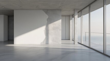 Poster - Renovation concept featuring cracked concrete walls and peeling surfaces in a modern, empty room with natural light streaming in