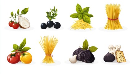 Aufkleber - Colorful collection of spaghetti and ingredients on white background showcasing various pasta types and fresh produce for culinary design