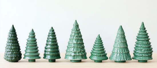 Poster - Green ceramic Christmas tree decorations arranged in a row on a wooden surface showcasing a festive holiday theme and traditional artistry.