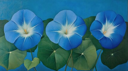 Aufkleber - Vibrant blue morning glory flowers with lush green leaves against a bright blue background in a serene botanical scene