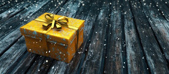 Poster - Golden gift box adorned with a bow on a rustic wooden surface amid falling snowflakes for festive holiday celebrations