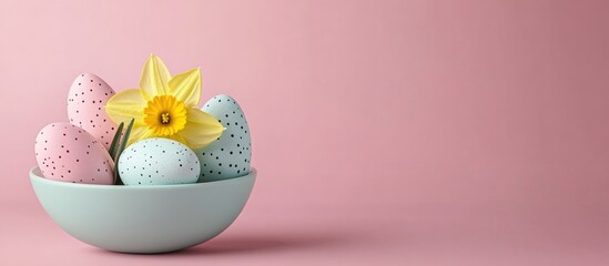 Aufkleber - Pastel Pink Easter Arrangement with Colorful Candy Eggs and Daffodil on Soft Pink Background for Spring Celebrations and Decorations