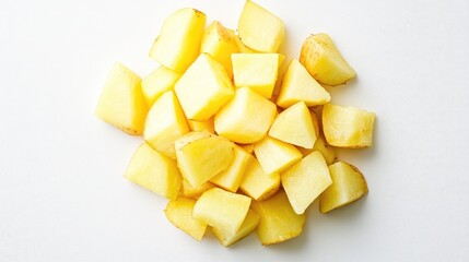 Canvas Print - Chopped yellow potatoes arranged on a clean white background, highlighting their fresh texture and natural color, cooking, ingredients, healthy eating.