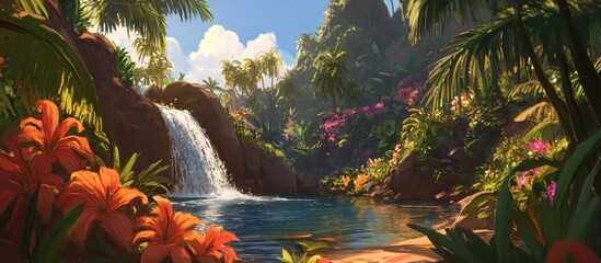 Poster - Petite waterfall cascading into a serene tropical pool surrounded by lush greenery and vibrant flowers in a tranquil landscape.