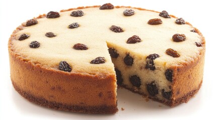 Canvas Print - Round cake with raisins on a white background, featuring a sliced piece showing moist interior and raisins, baking, dessert, food photography, tasty treat.