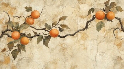 Aufkleber - Ripe fruits on a tree branch surrounded by lush green leaves against a textured background