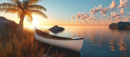 Poster - Serene sunset view with a white canoe resting by a palm tree near tranquil waters and golden grasslands. Perfect for nature themes.