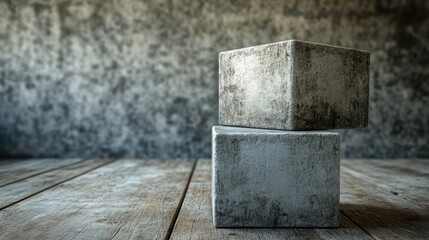 Poster - Abstract composition of concrete cubes stacked on a wooden table against a textured wall showcasing industrial design and construction concepts.