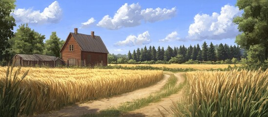 Poster - Scenic rural landscape with golden wheat fields and charming house under a clear blue sky