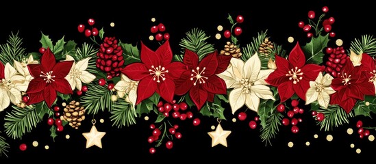 Poster - Christmas floral garland with red and white poinsettias and festive decorations on a dark background for seasonal celebrations