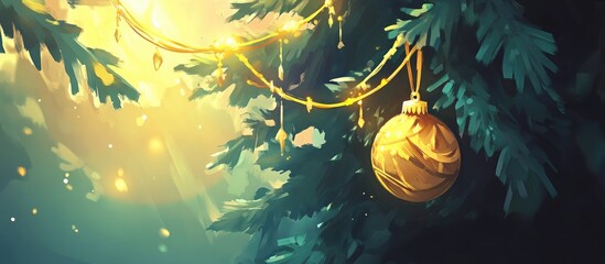 Aufkleber - Golden Christmas ornament on a fir tree with warm glowing lights creating a festive selective focus background atmosphere.
