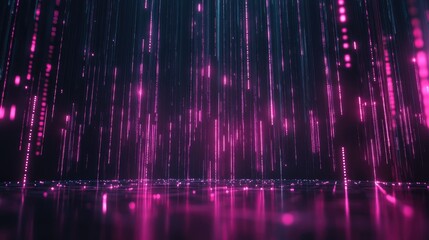 Poster - Digital abstract background with glowing binary code raining down over a circuit board design in vibrant pink and blue hues