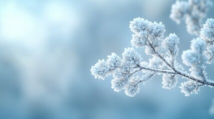 Wall Mural - Frost-covered tree branch against a soft blue background, showcasing intricate details of snowflakes and icy textures, winter, nature, close-up, tranquility.