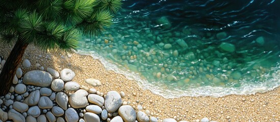 Aufkleber - Pristine beach scene with smooth stones and turquoise water framed by a lush pine tree on a sunny day