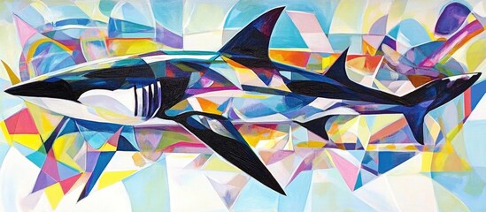 Poster - Abstract Shark Artwork Featuring Bold Colors and Geometric Shapes in a Vibrant Ocean-Inspired Setting