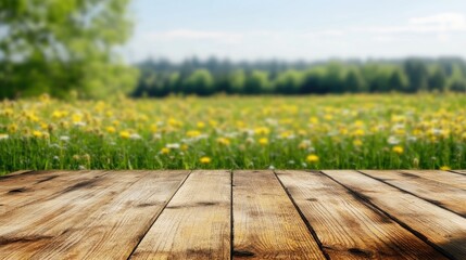 Poster - Rustic wooden table ready for product display in foreground, with a softly blurred wheat field and wildflowers in the background, nature, agriculture, product photography, summer scene.