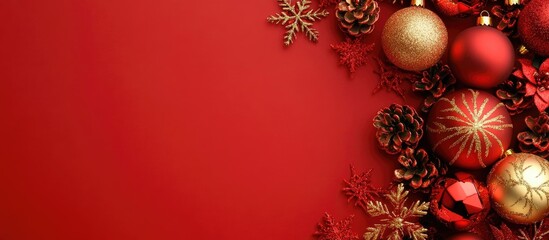 Poster - Christmas ornaments and decorations on a vibrant red background with space for text and logo mockup for festive greetings and branding