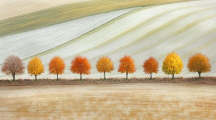 Poster - Aerial view of vibrant autumn trees in a picturesque landscape showcasing orange yellow and brown foliage against rolling hills