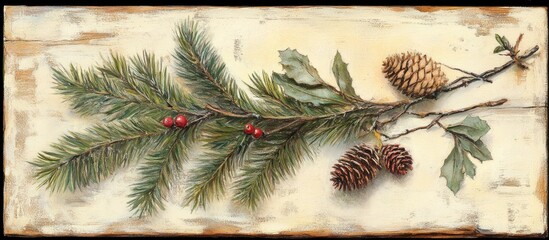 Poster - Christmas decoration with fir branch pinecones and berries on a rustic wooden surface for festive holiday themes and seasonal designs