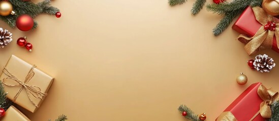 Poster - Elegant festive background featuring Christmas tree branches, gift boxes, and ornaments with a golden space for holiday greetings or messages.
