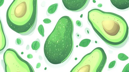 Poster - Abstract pattern featuring textured avocado slices and green leaves on a clean white background for fresh food designs.