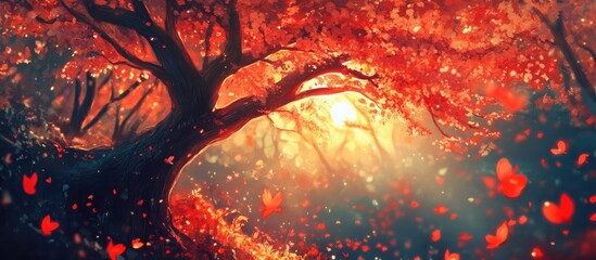 Fototapete - Enchanting cherry blossom tree illuminated by golden sunlight creating a magical atmosphere with floating petals and vibrant colors.