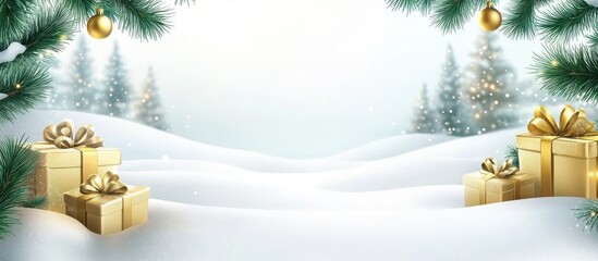 Aufkleber - Christmas backdrop with green branches golden decorations and snow landscape featuring space for text and festive presents on winter scenery