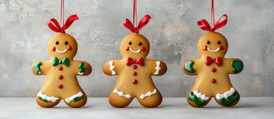 Poster - Charming gingerbread ornaments with festive ribbons on a textured concrete background perfect for holiday decor and seasonal celebrations