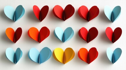 Poster - Colorful paper hearts arranged creatively on a white background showcasing love and creativity in a fun and vibrant design.