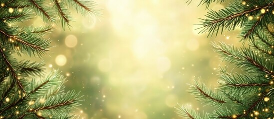 Poster - Festive Christmas backdrop with pine branches and bokeh lights creating a warm, inviting atmosphere perfect for seasonal text and greetings.