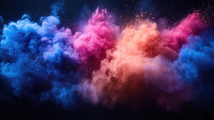 Leinwandbilder - Colorful powder explosion creating a vibrant cloud of pink, blue, and orange dust particles against a dark background, dynamic motion, artistic expression, celebration, festival.